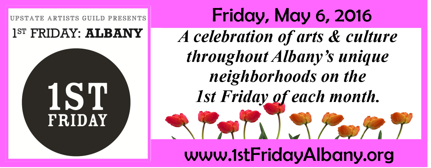 1st Friday Image, in pink, inviting you to join us Friday.