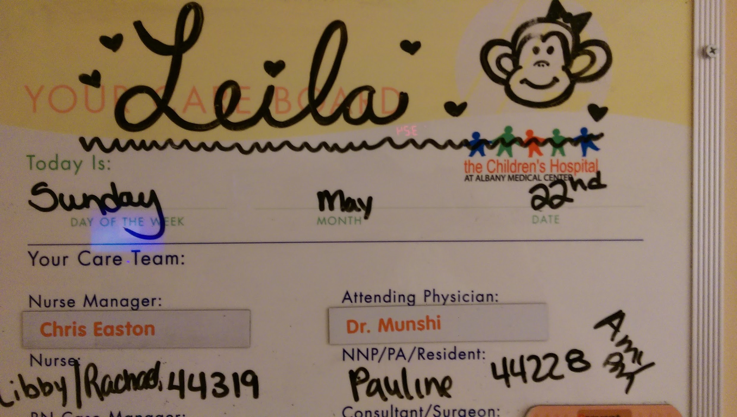 Leila's room chart, with a drawing of a monkey on it.